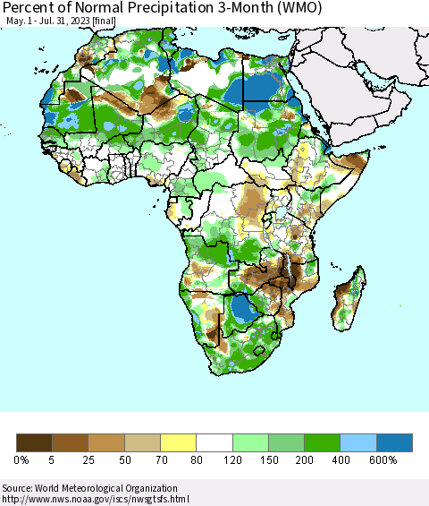 Africa Percent of Normal Precipitation 3-Month (WMO) Thematic Map For 5/1/2023 - 7/31/2023