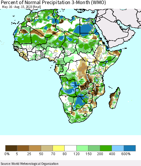 Africa Percent of Normal Precipitation 3-Month (WMO) Thematic Map For 5/16/2023 - 8/15/2023