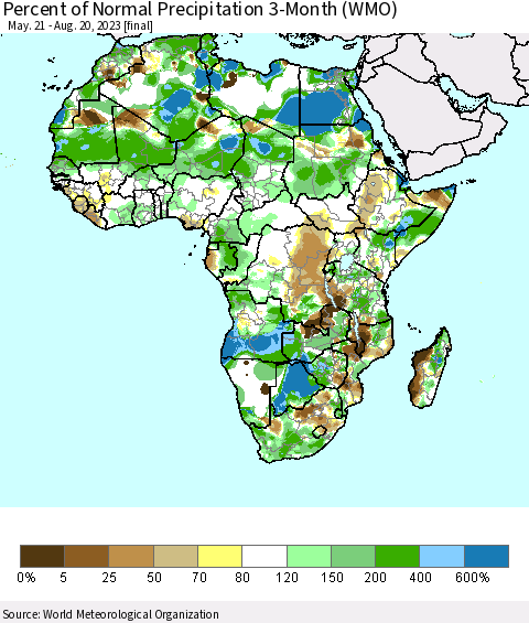 Africa Percent of Normal Precipitation 3-Month (WMO) Thematic Map For 5/21/2023 - 8/20/2023