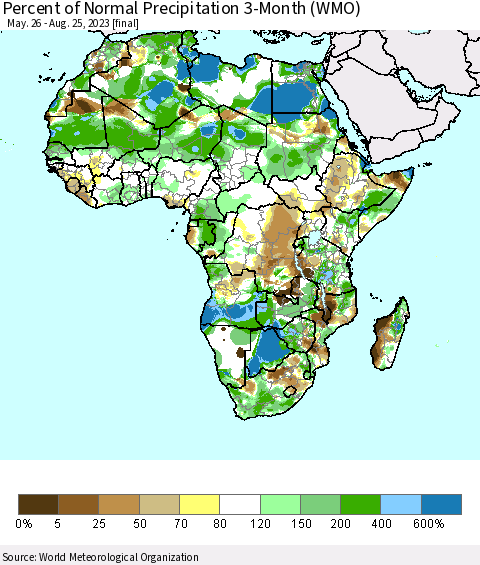 Africa Percent of Normal Precipitation 3-Month (WMO) Thematic Map For 5/26/2023 - 8/25/2023