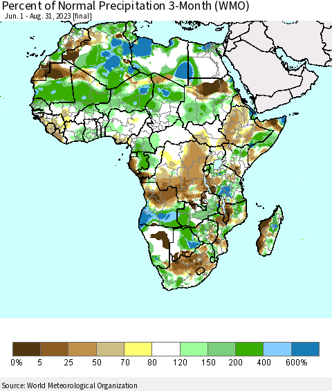 Africa Percent of Normal Precipitation 3-Month (WMO) Thematic Map For 6/1/2023 - 8/31/2023