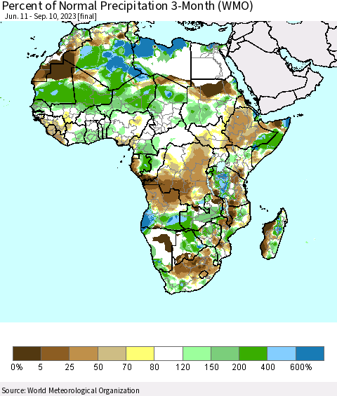 Africa Percent of Normal Precipitation 3-Month (WMO) Thematic Map For 6/11/2023 - 9/10/2023