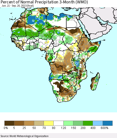Africa Percent of Normal Precipitation 3-Month (WMO) Thematic Map For 6/21/2023 - 9/20/2023
