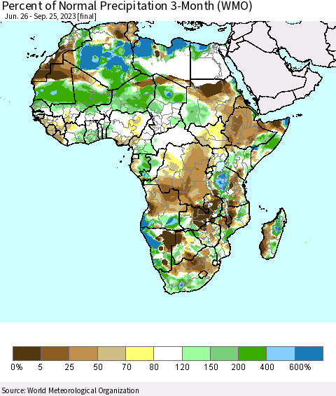 Africa Percent of Normal Precipitation 3-Month (WMO) Thematic Map For 6/26/2023 - 9/25/2023