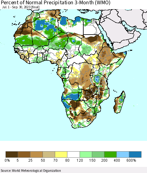 Africa Percent of Normal Precipitation 3-Month (WMO) Thematic Map For 7/1/2023 - 9/30/2023