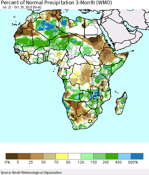 Africa Percent of Normal Precipitation 3-Month (WMO) Thematic Map For 7/21/2023 - 10/20/2023