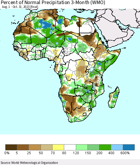 Africa Percent of Normal Precipitation 3-Month (WMO) Thematic Map For 8/1/2023 - 10/31/2023