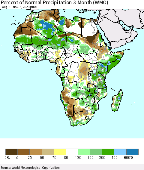 Africa Percent of Normal Precipitation 3-Month (WMO) Thematic Map For 8/6/2023 - 11/5/2023