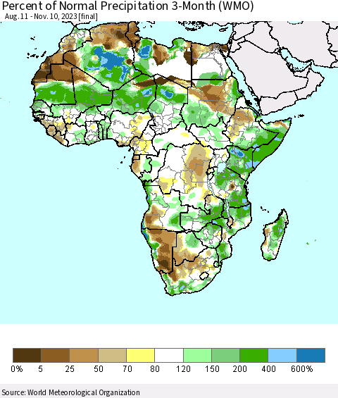 Africa Percent of Normal Precipitation 3-Month (WMO) Thematic Map For 8/11/2023 - 11/10/2023