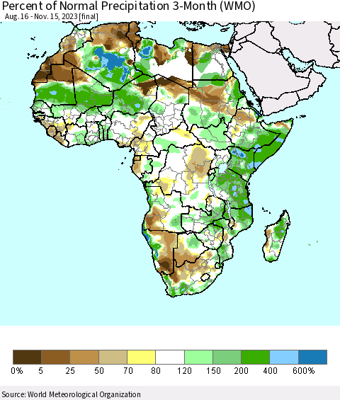 Africa Percent of Normal Precipitation 3-Month (WMO) Thematic Map For 8/16/2023 - 11/15/2023