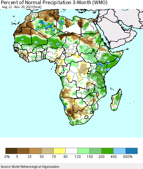 Africa Percent of Normal Precipitation 3-Month (WMO) Thematic Map For 8/21/2023 - 11/20/2023