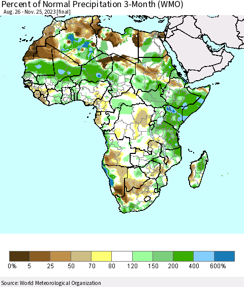 Africa Percent of Normal Precipitation 3-Month (WMO) Thematic Map For 8/26/2023 - 11/25/2023