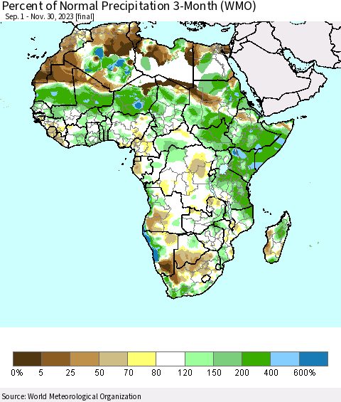 Africa Percent of Normal Precipitation 3-Month (WMO) Thematic Map For 9/1/2023 - 11/30/2023