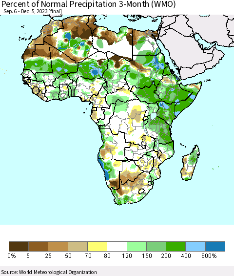 Africa Percent of Normal Precipitation 3-Month (WMO) Thematic Map For 9/6/2023 - 12/5/2023