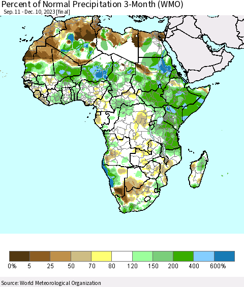 Africa Percent of Normal Precipitation 3-Month (WMO) Thematic Map For 9/11/2023 - 12/10/2023