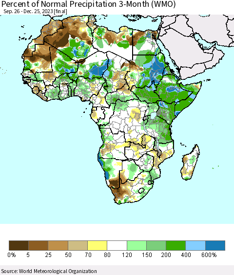 Africa Percent of Normal Precipitation 3-Month (WMO) Thematic Map For 9/26/2023 - 12/25/2023