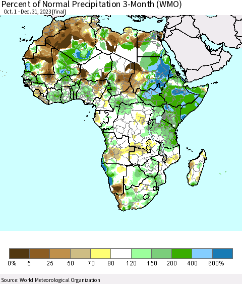 Africa Percent of Normal Precipitation 3-Month (WMO) Thematic Map For 10/1/2023 - 12/31/2023
