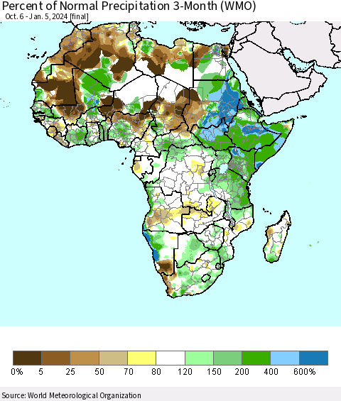 Africa Percent of Normal Precipitation 3-Month (WMO) Thematic Map For 10/6/2023 - 1/5/2024