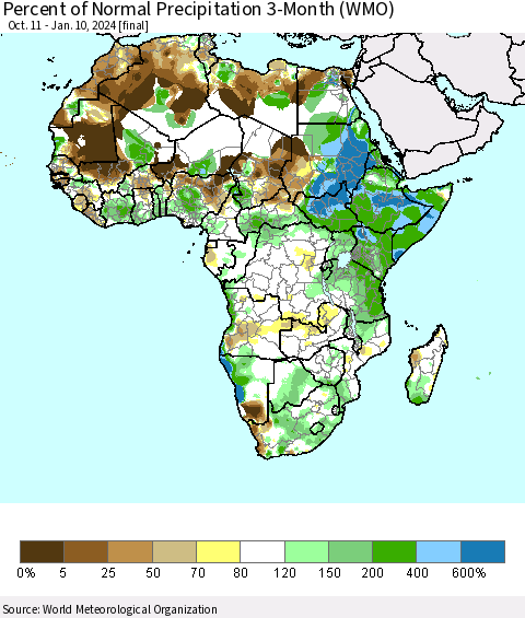 Africa Percent of Normal Precipitation 3-Month (WMO) Thematic Map For 10/11/2023 - 1/10/2024