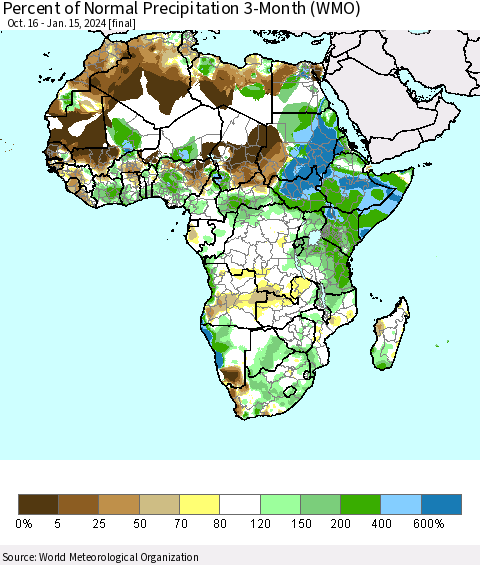 Africa Percent of Normal Precipitation 3-Month (WMO) Thematic Map For 10/16/2023 - 1/15/2024