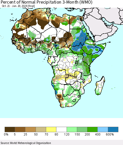 Africa Percent of Normal Precipitation 3-Month (WMO) Thematic Map For 10/21/2023 - 1/20/2024