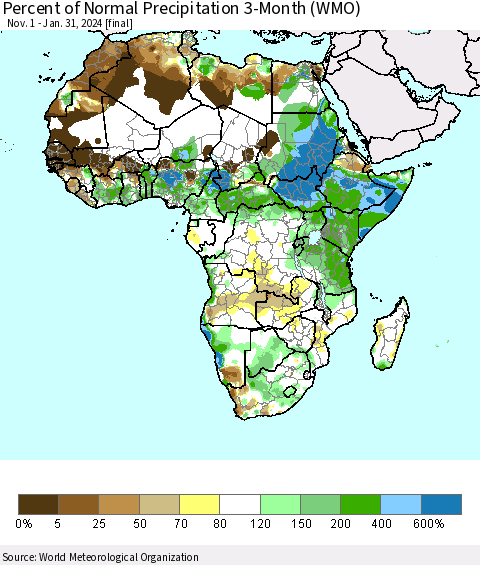 Africa Percent of Normal Precipitation 3-Month (WMO) Thematic Map For 11/1/2023 - 1/31/2024