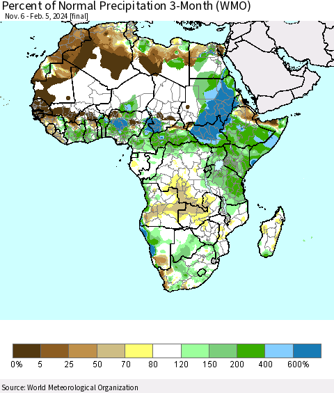Africa Percent of Normal Precipitation 3-Month (WMO) Thematic Map For 11/6/2023 - 2/5/2024
