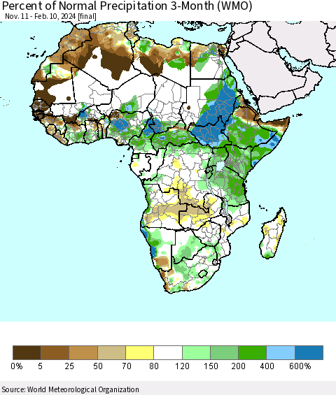 Africa Percent of Normal Precipitation 3-Month (WMO) Thematic Map For 11/11/2023 - 2/10/2024