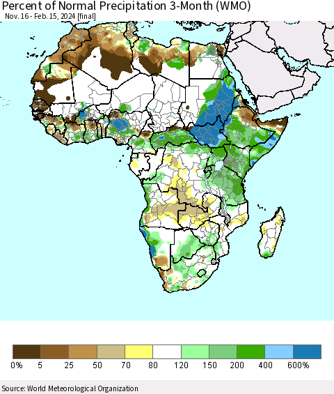 Africa Percent of Normal Precipitation 3-Month (WMO) Thematic Map For 11/16/2023 - 2/15/2024
