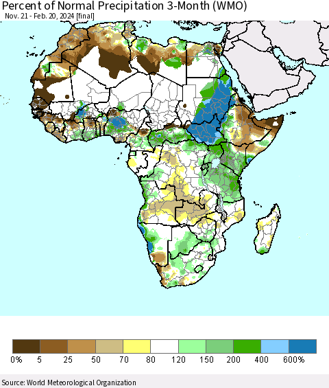 Africa Percent of Normal Precipitation 3-Month (WMO) Thematic Map For 11/21/2023 - 2/20/2024