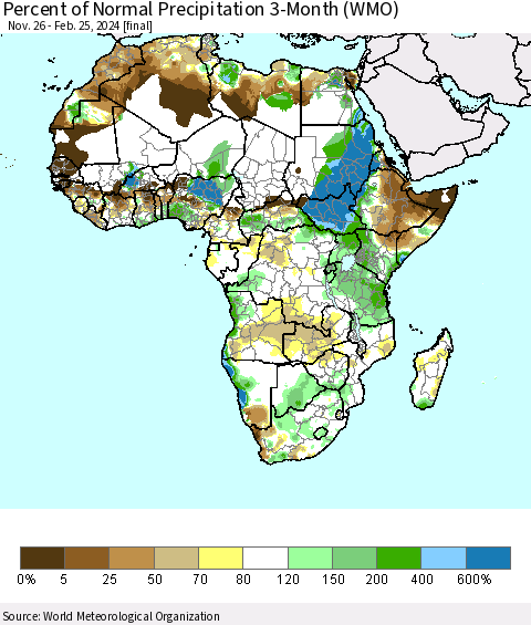 Africa Percent of Normal Precipitation 3-Month (WMO) Thematic Map For 11/26/2023 - 2/25/2024