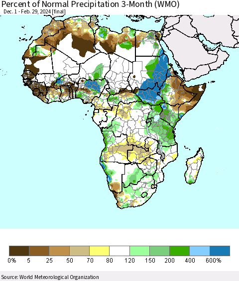 Africa Percent of Normal Precipitation 3-Month (WMO) Thematic Map For 12/1/2023 - 2/29/2024