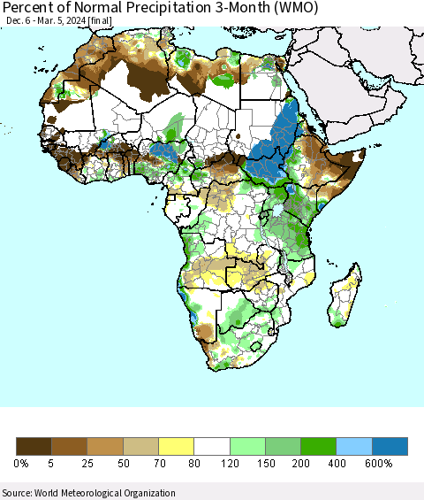 Africa Percent of Normal Precipitation 3-Month (WMO) Thematic Map For 12/6/2023 - 3/5/2024