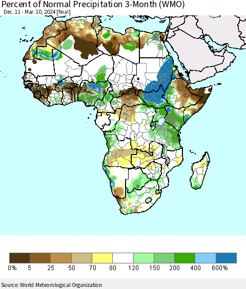 Africa Percent of Normal Precipitation 3-Month (WMO) Thematic Map For 12/11/2023 - 3/10/2024