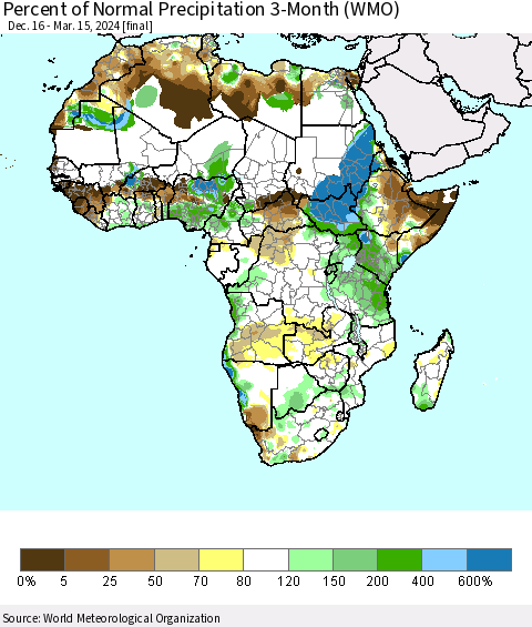 Africa Percent of Normal Precipitation 3-Month (WMO) Thematic Map For 12/16/2023 - 3/15/2024