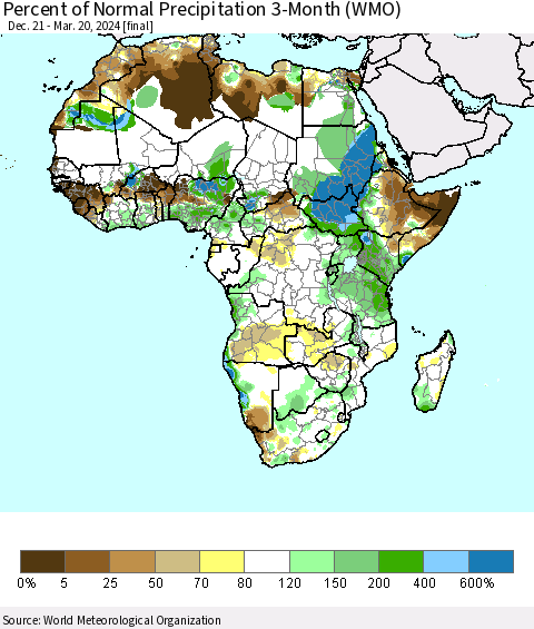 Africa Percent of Normal Precipitation 3-Month (WMO) Thematic Map For 12/21/2023 - 3/20/2024