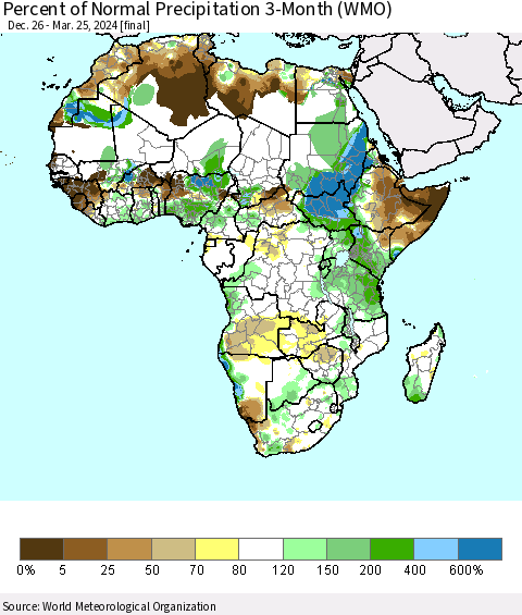 Africa Percent of Normal Precipitation 3-Month (WMO) Thematic Map For 12/26/2023 - 3/25/2024