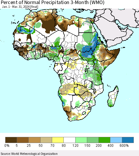Africa Percent of Normal Precipitation 3-Month (WMO) Thematic Map For 1/1/2024 - 3/31/2024