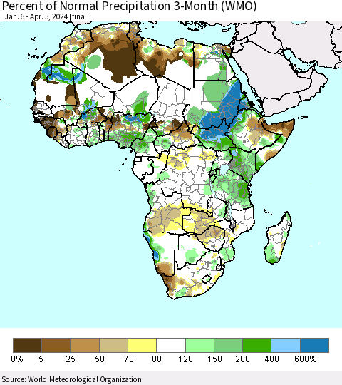 Africa Percent of Normal Precipitation 3-Month (WMO) Thematic Map For 1/6/2024 - 4/5/2024