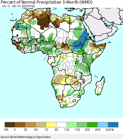 Africa Percent of Normal Precipitation 3-Month (WMO) Thematic Map For 1/11/2024 - 4/10/2024