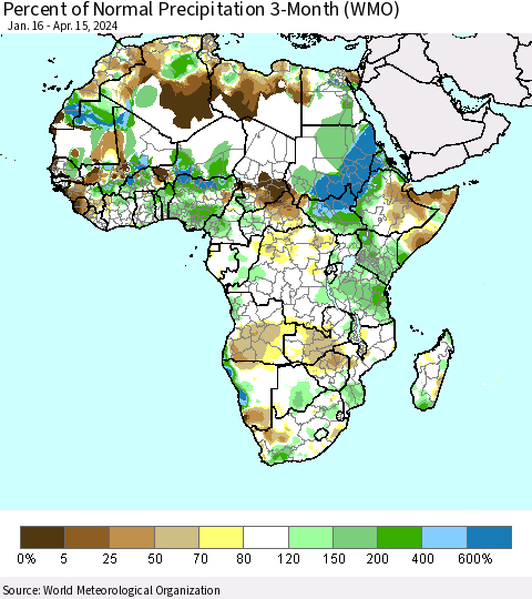 Africa Percent of Normal Precipitation 3-Month (WMO) Thematic Map For 1/16/2024 - 4/15/2024