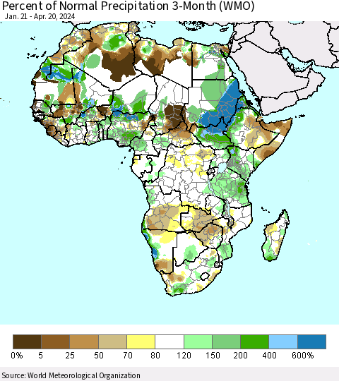 Africa Percent of Normal Precipitation 3-Month (WMO) Thematic Map For 1/21/2024 - 4/20/2024