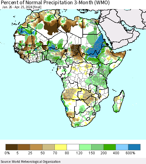 Africa Percent of Normal Precipitation 3-Month (WMO) Thematic Map For 1/26/2024 - 4/25/2024