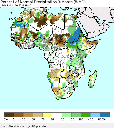 Africa Percent of Normal Precipitation 3-Month (WMO) Thematic Map For 2/1/2024 - 4/30/2024