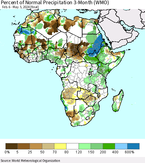 Africa Percent of Normal Precipitation 3-Month (WMO) Thematic Map For 2/6/2024 - 5/5/2024
