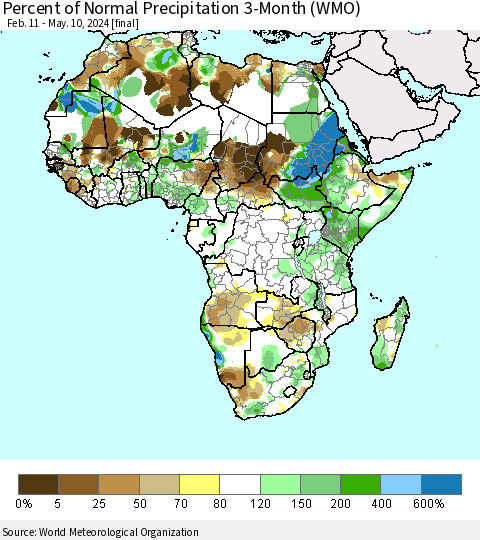 Africa Percent of Normal Precipitation 3-Month (WMO) Thematic Map For 2/11/2024 - 5/10/2024
