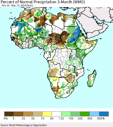 Africa Percent of Normal Precipitation 3-Month (WMO) Thematic Map For 2/16/2024 - 5/15/2024