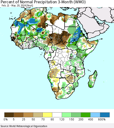 Africa Percent of Normal Precipitation 3-Month (WMO) Thematic Map For 2/21/2024 - 5/20/2024