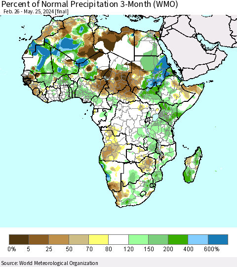 Africa Percent of Normal Precipitation 3-Month (WMO) Thematic Map For 2/26/2024 - 5/25/2024