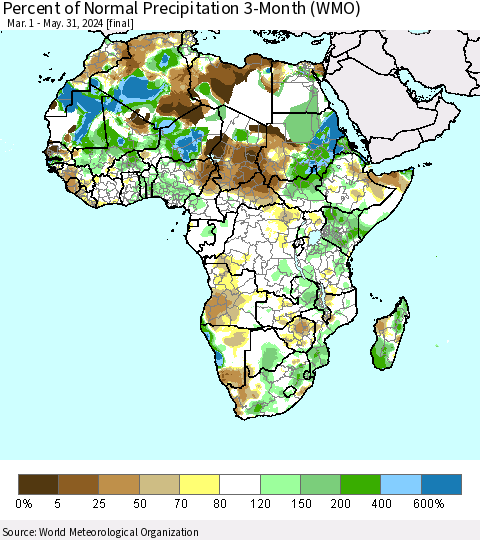 Africa Percent of Normal Precipitation 3-Month (WMO) Thematic Map For 3/1/2024 - 5/31/2024